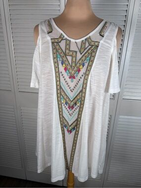 Boho Embroidered Cold Shoulder Tunic Top White Cotton Mesh Festival Size S
